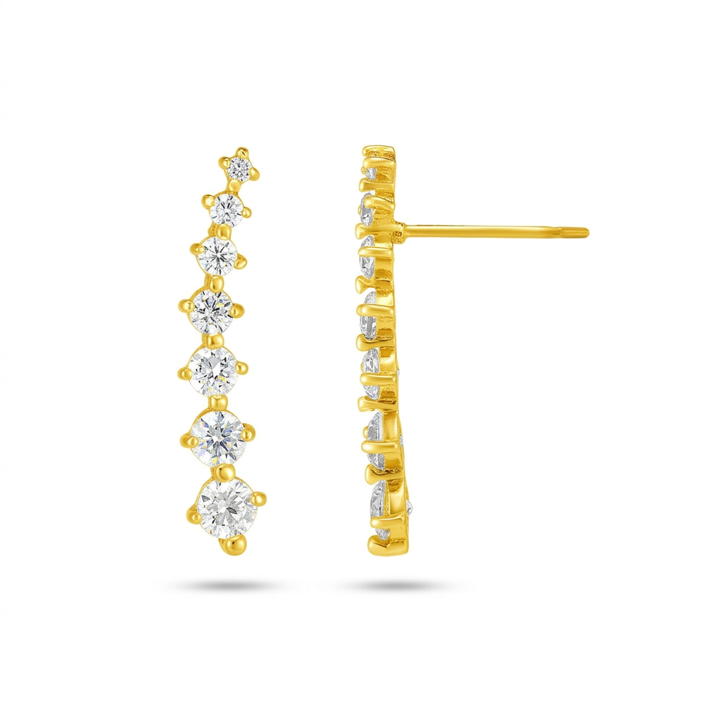 14k Yellow Gold Climber Post Earrings with Cubic Zirconias