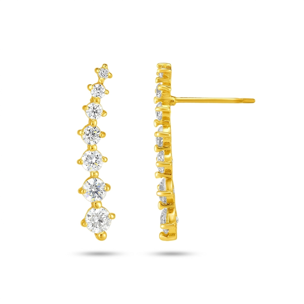 14k Yellow Gold Climber Post Earrings with Cubic Zirconias