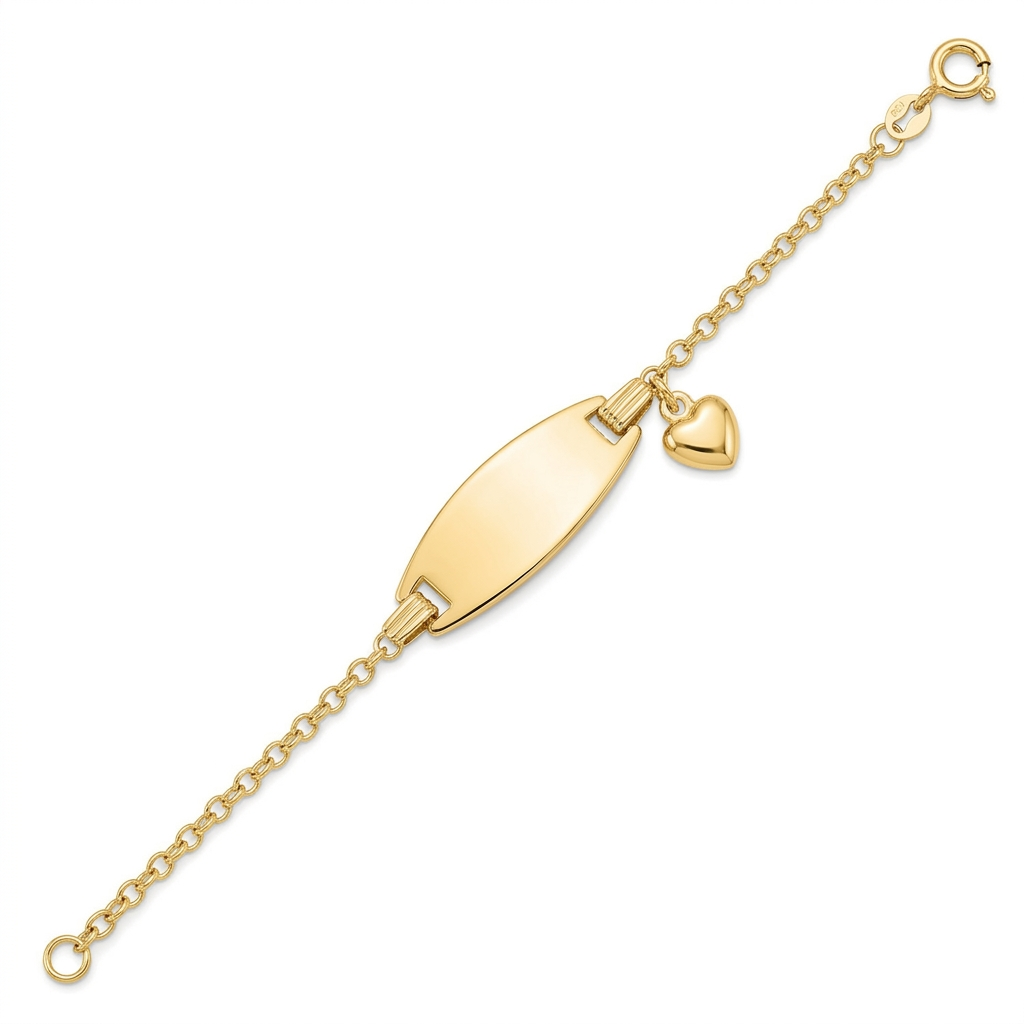 14k Yellow Gold Heart Accented Children's Cable Chain ID Bracelet