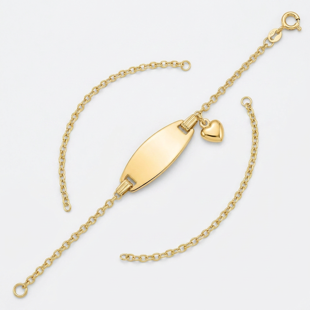 14k Yellow Gold Heart Accented Children's Cable Chain ID Bracelet