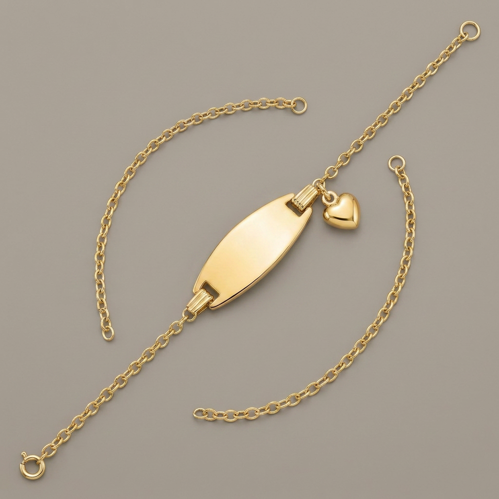 14k Yellow Gold Heart Accented Children's Cable Chain ID Bracelet