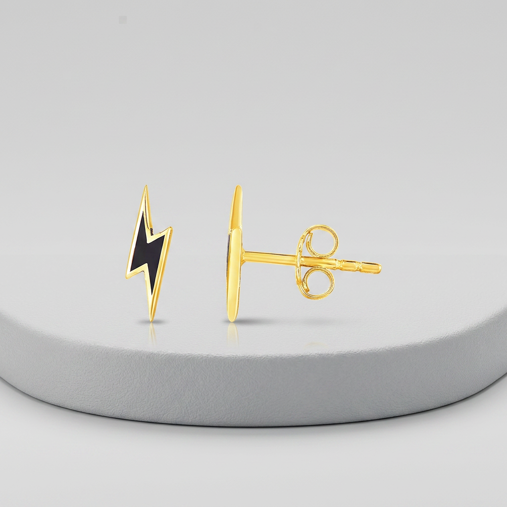 14k Yellow Gold and Enamel Black Lightning Bolt Stud Earrings