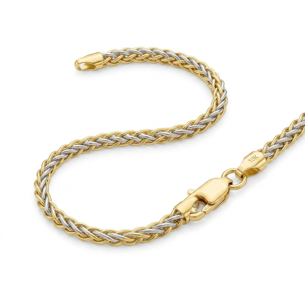 Two-Toned Fine Wheat Chain Bracelet in 10k Yellow and White Gold