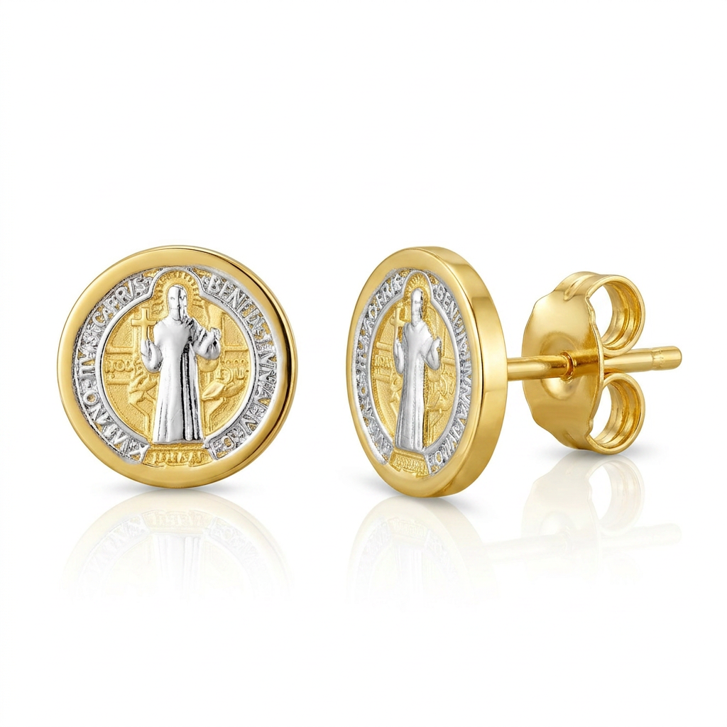 14k Two Tone Gold Round Religious Medallion Post Earrings