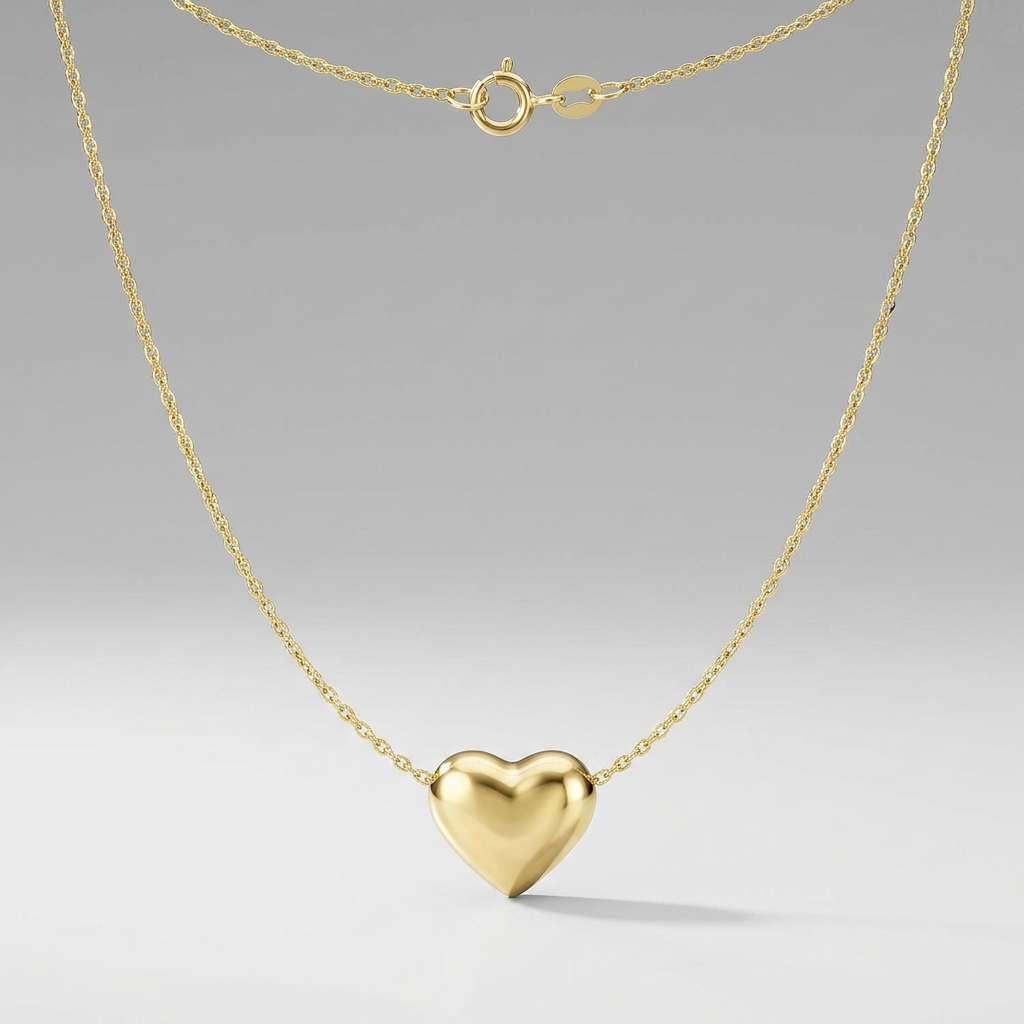 14k Yellow Gold Chain Necklace with Sliding Puffed Heart Charm