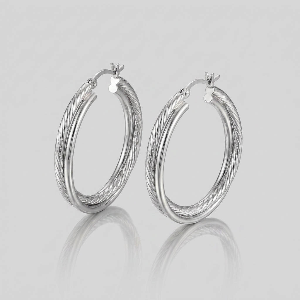 Sterling Silver Ridged Hoop Earrings with Textured Design