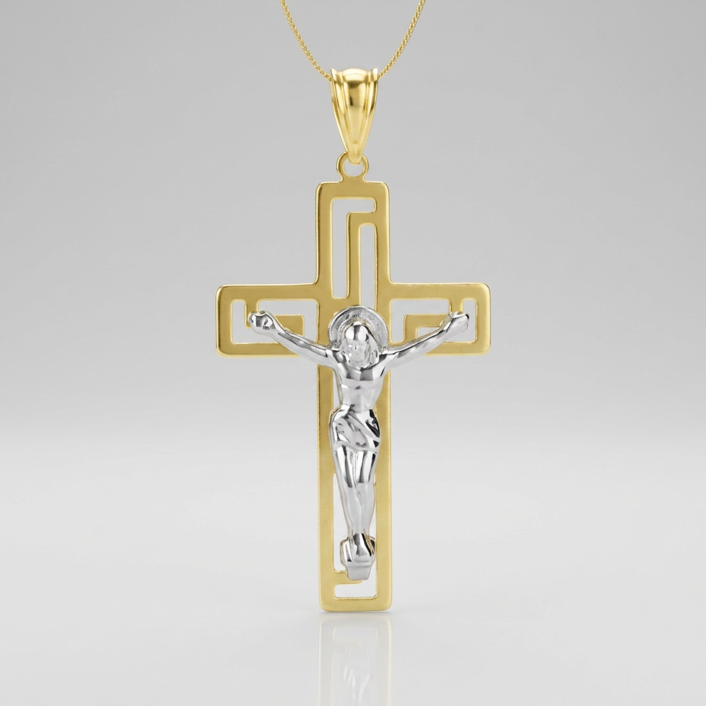 14k Two-Tone Gold Cross with Figure Pendant