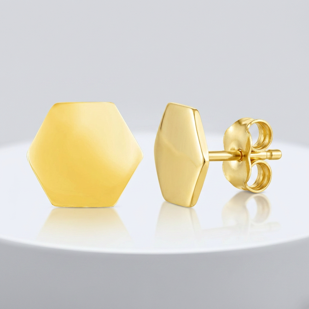 14k Yellow Gold Hexagon Stud Earrings
