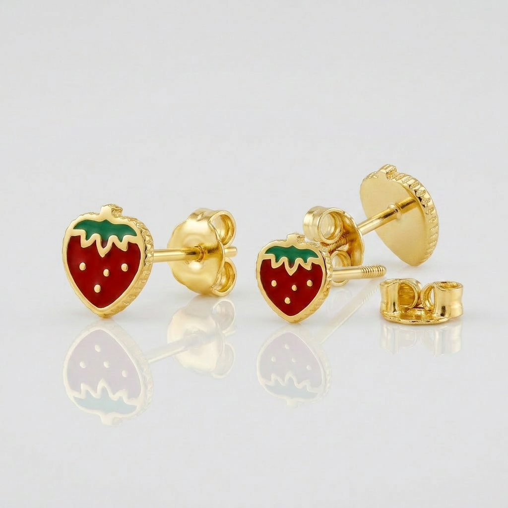 14k Yellow Gold Enameled Strawberry Childrens Earrings