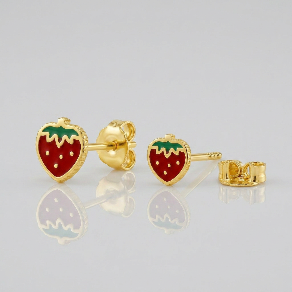 14k Yellow Gold Enameled Strawberry Childrens Earrings