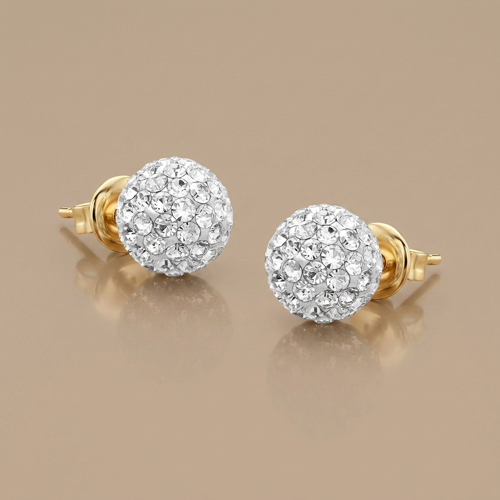 14k Yellow Gold Stud White Crystal Ball Earrings