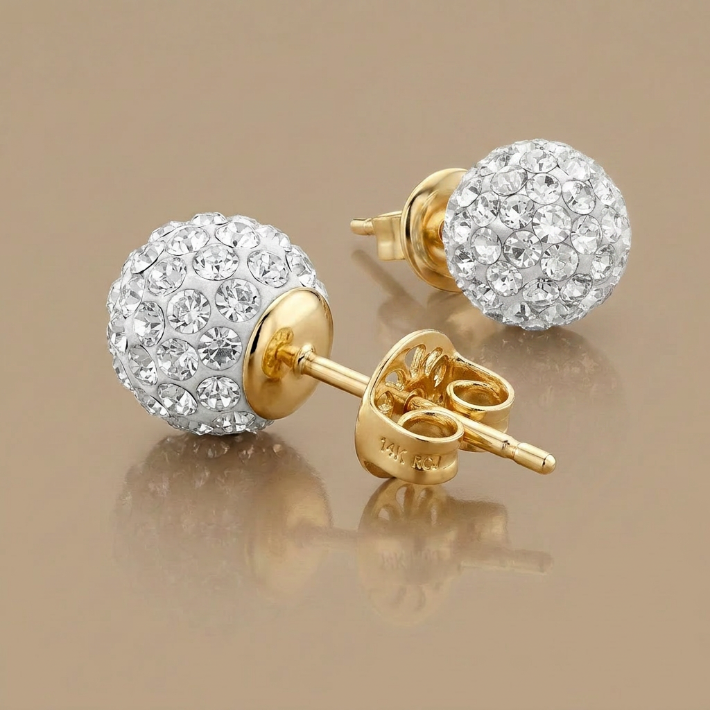 14k Yellow Gold Stud White Crystal Ball Earrings