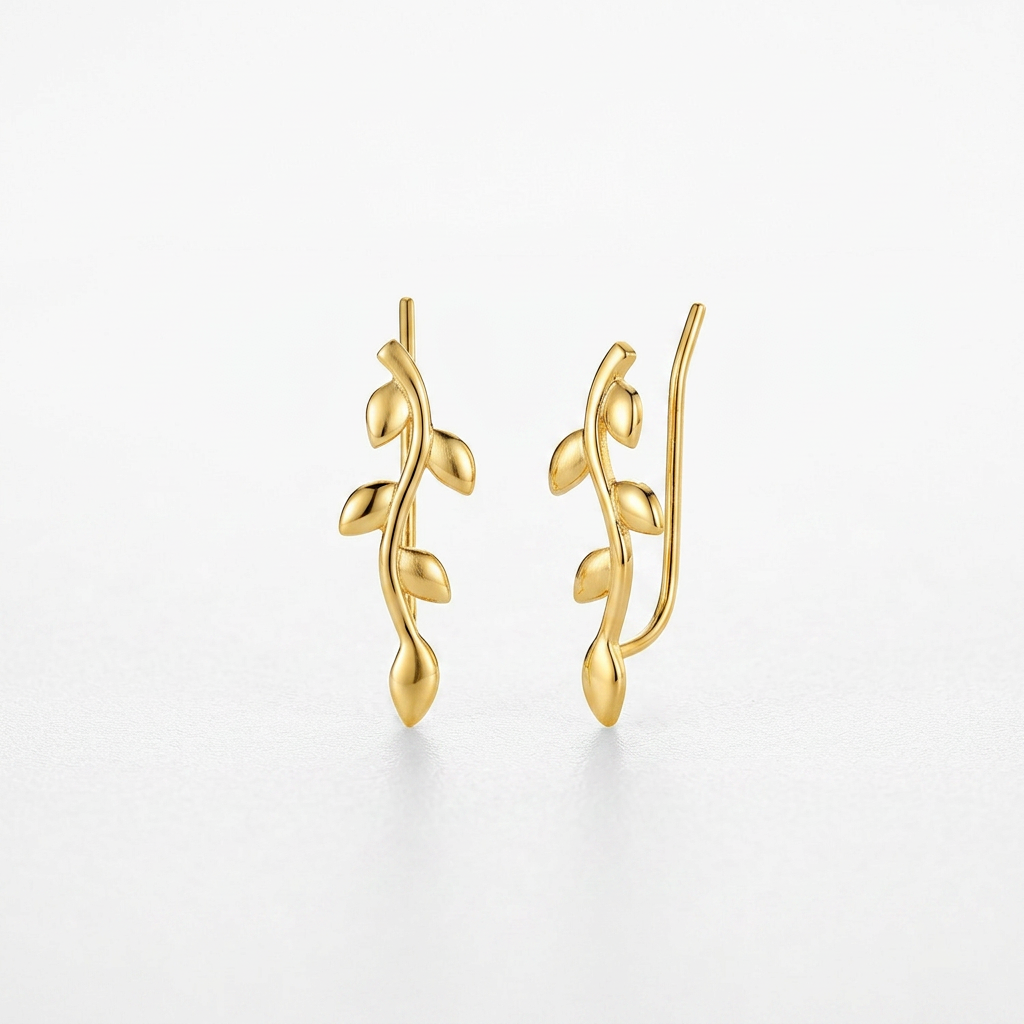 Leafy Branch Motif Climber Earrings in 14k Yellow Gold