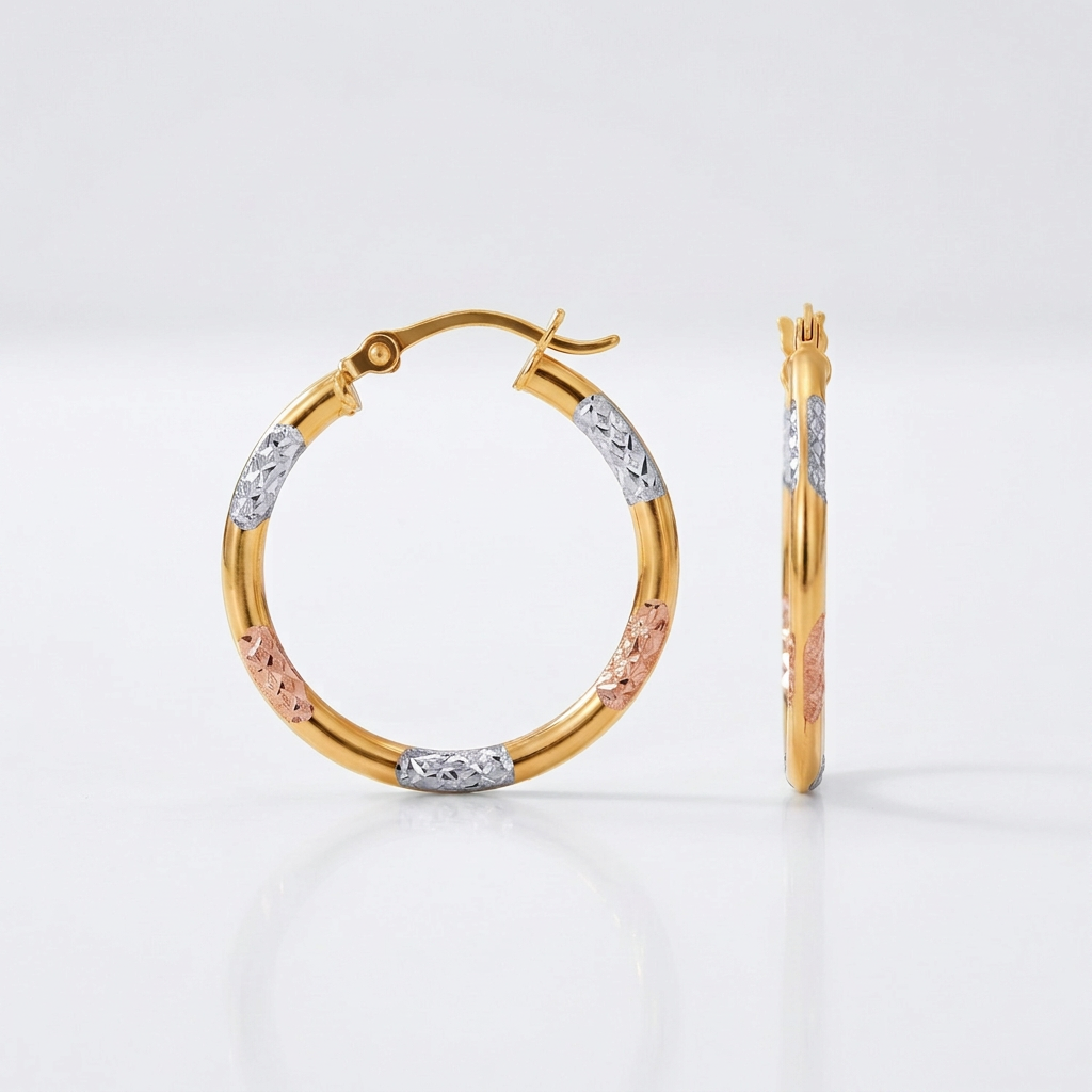10k Tri-Color Gold Classic Hoop Earrings with Diamond Cut Details