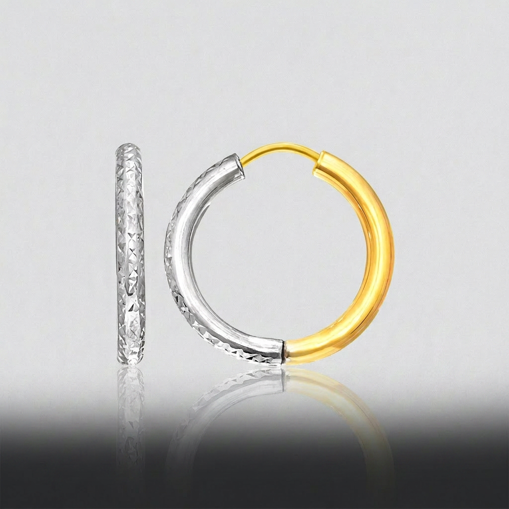 14k Two-Tone Gold Hoop Earrings with Textured Style