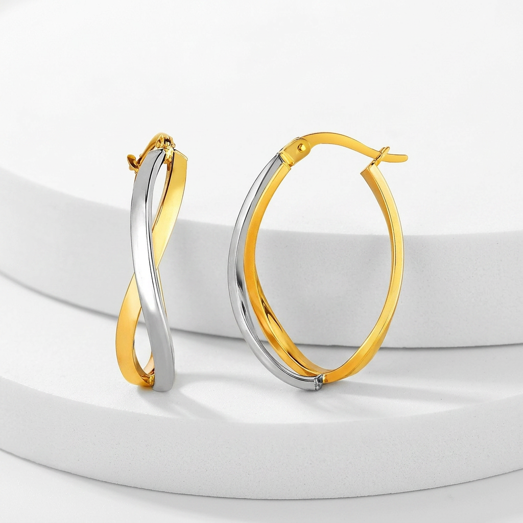 14k Two-Tone Gold Twisted Style Polished Hoop Earrings