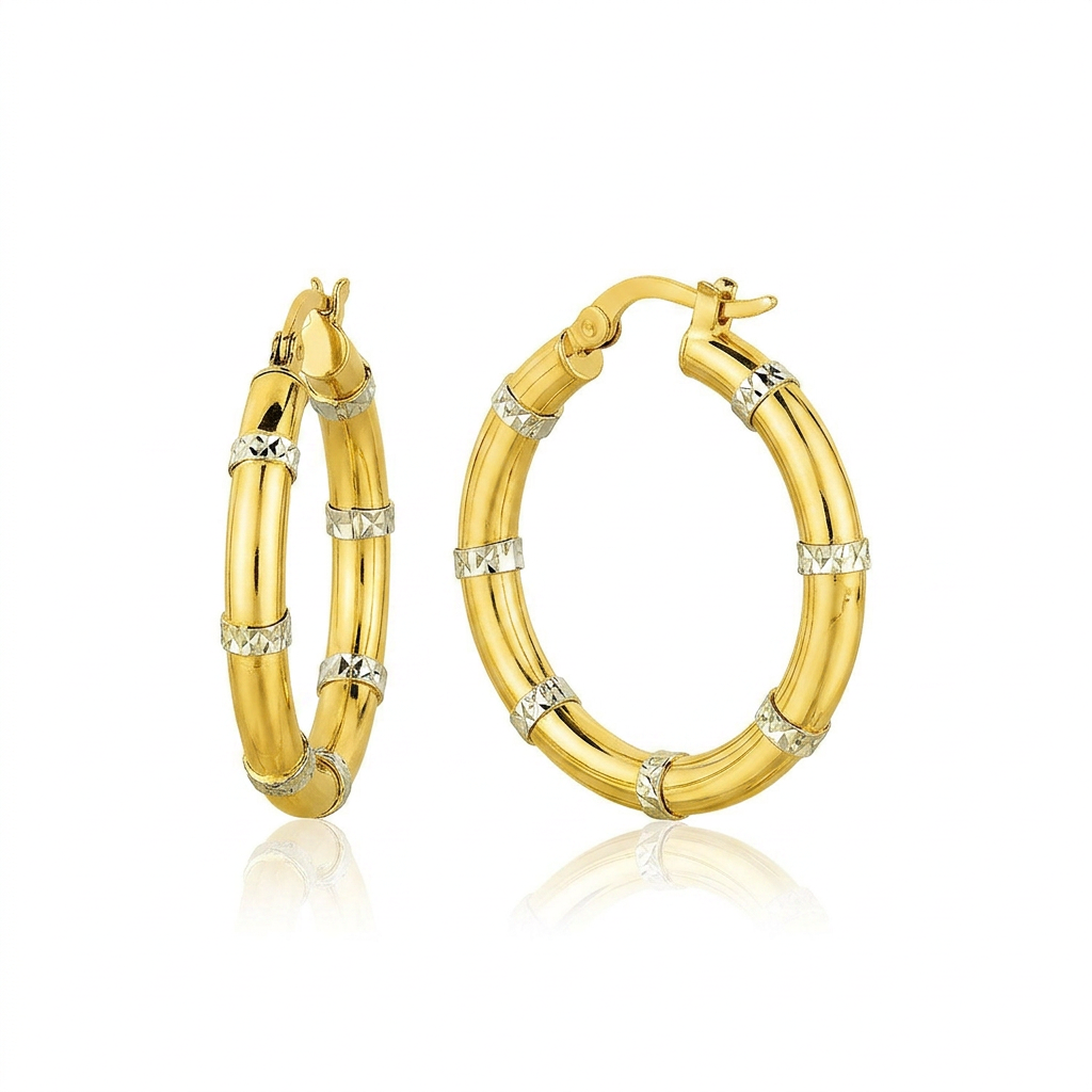14k Two-Tone Gold Alternate Textured Hoop Earrings