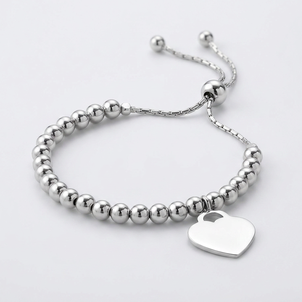 Adjustable Shiny Bead Bracelet with Heart Charm in Sterling Silver