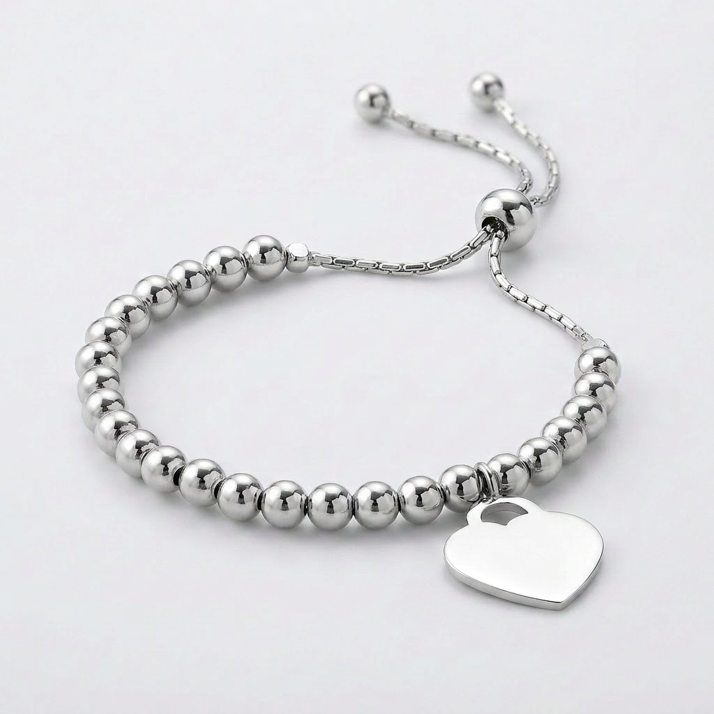 Adjustable Shiny Bead Bracelet with Heart Charm in Sterling Silver