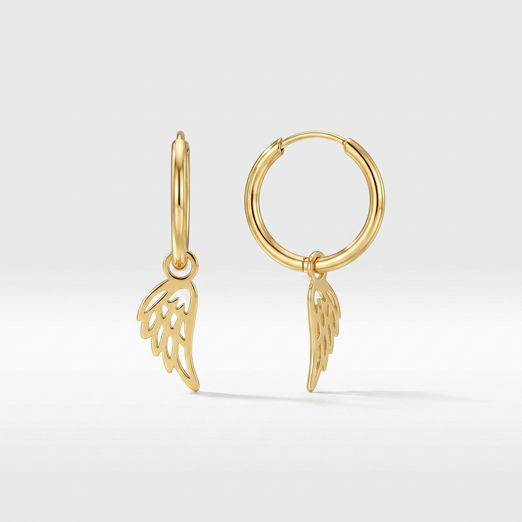 14K Yellow Gold Hoop Earrings with Angel Wings
