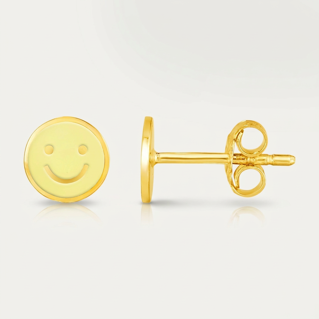 14k Yellow Gold and Enamel Yellow Smiley Face Stud Earrings