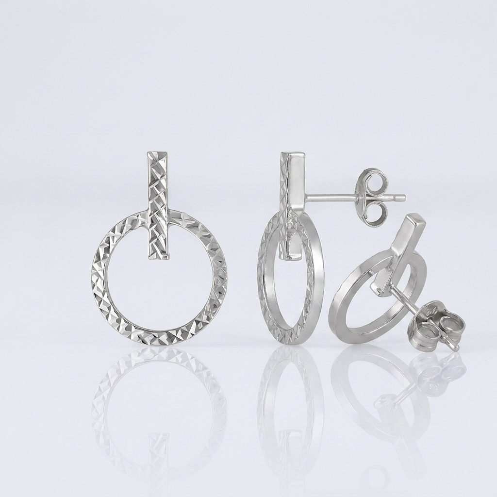 14k White Gold Textured Circle and Bar Post Earrings