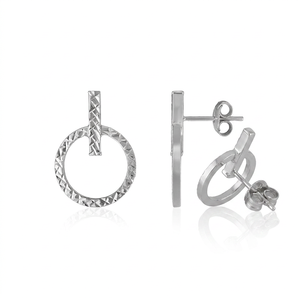 14k White Gold Textured Circle and Bar Post Earrings