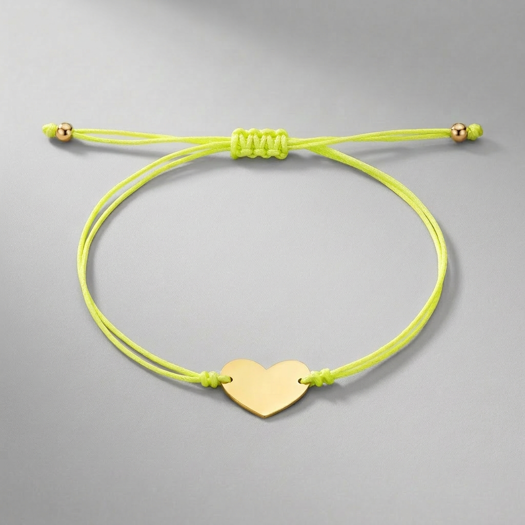 9 1/4 inch Yellow Cord Adjustable Bracelet with 14k yellow Gold Heart