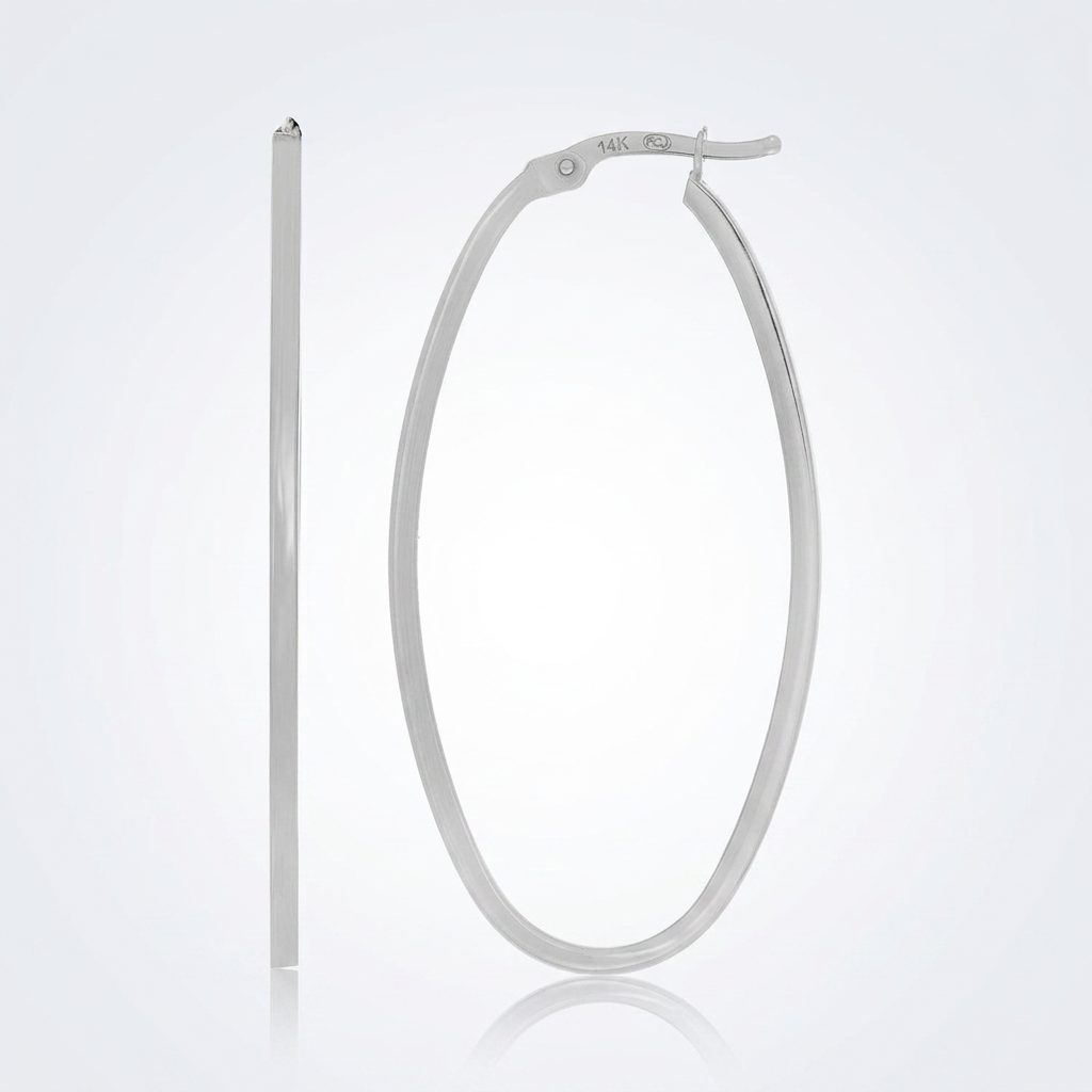 14k White Gold Slim Oval Shape Hoop Earrings