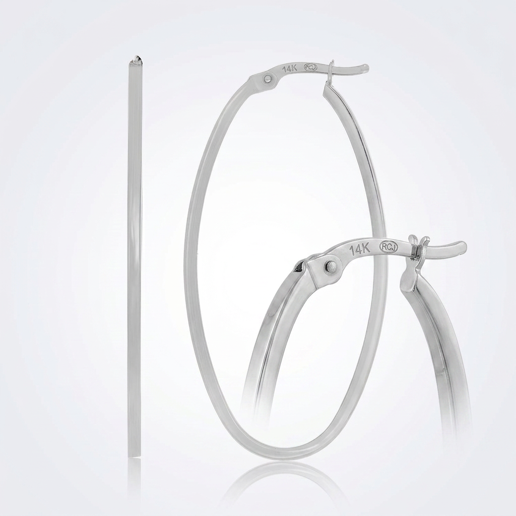 14k White Gold Slim Oval Shape Hoop Earrings