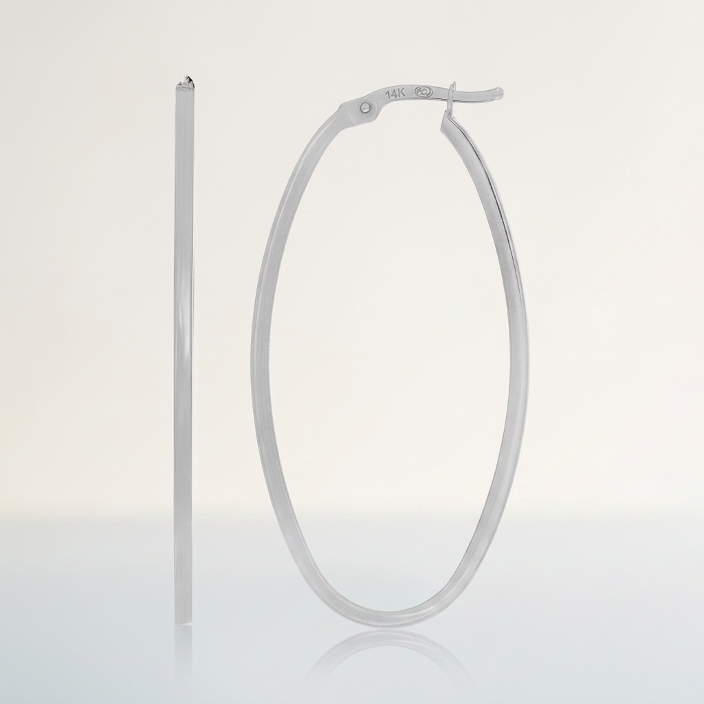 14k White Gold Slim Oval Shape Hoop Earrings