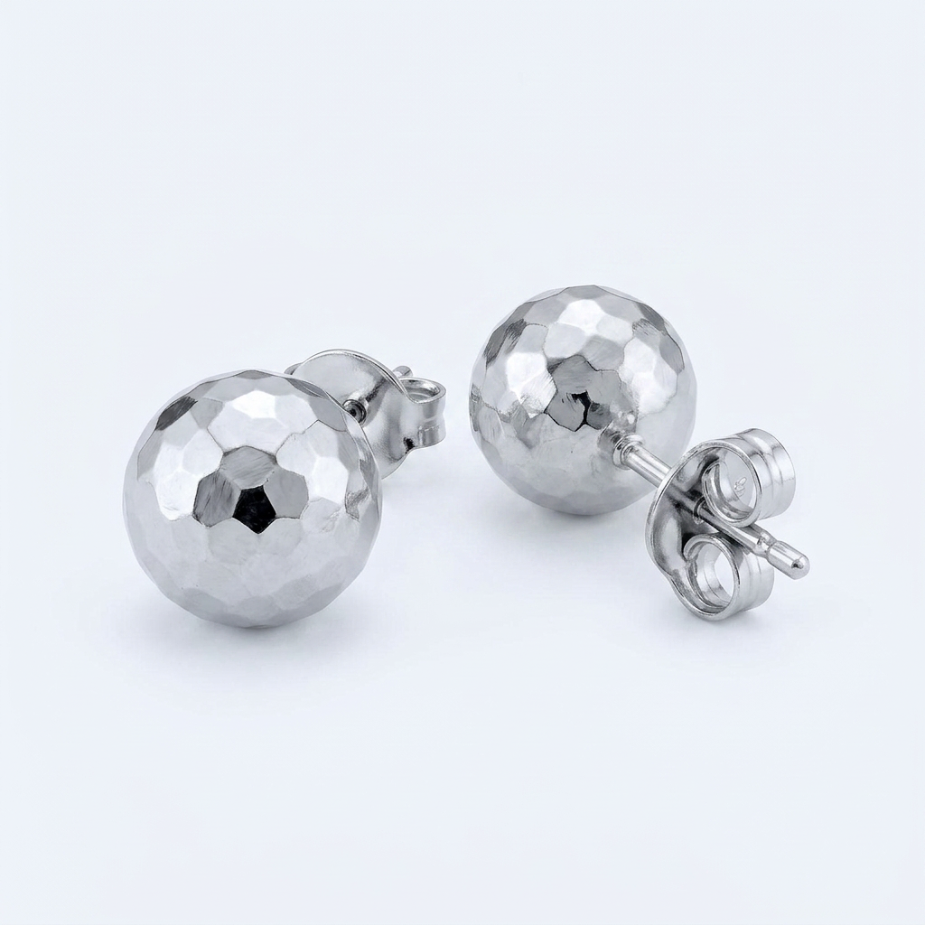 14 k White Gold Ball Earrings with Faceted Texture