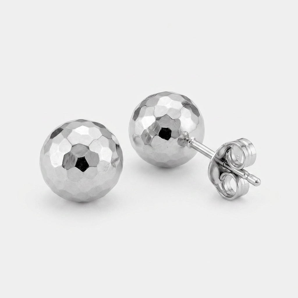 14 k White Gold Ball Earrings with Faceted Texture