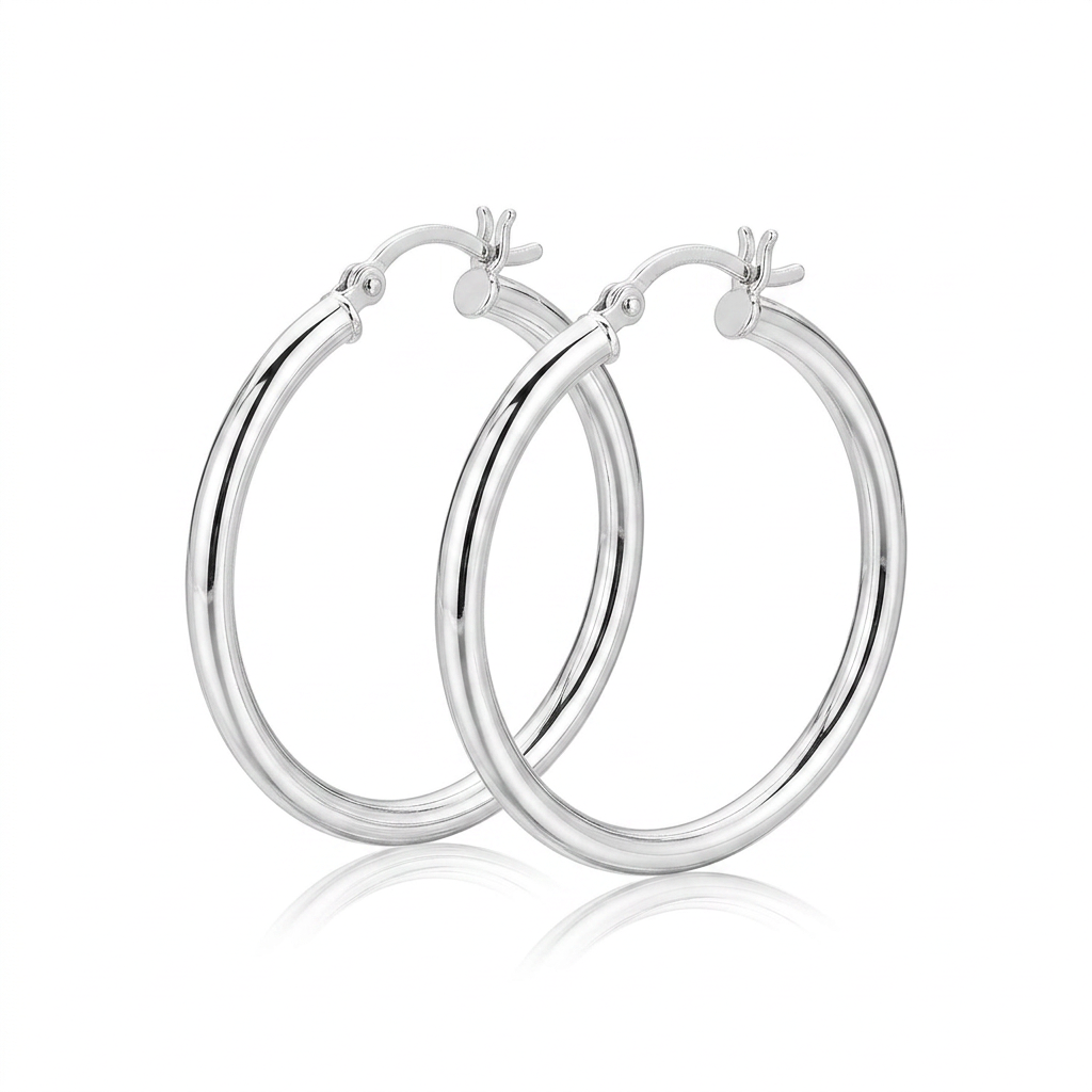 Sterling Silver Hoop Style Earrings with Polished Rhodium Plating (30mm)