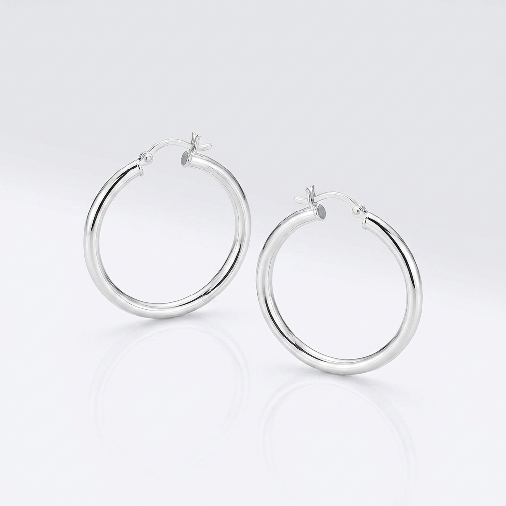 Sterling Silver Hoop Style Earrings with Polished Rhodium Plating (30mm)