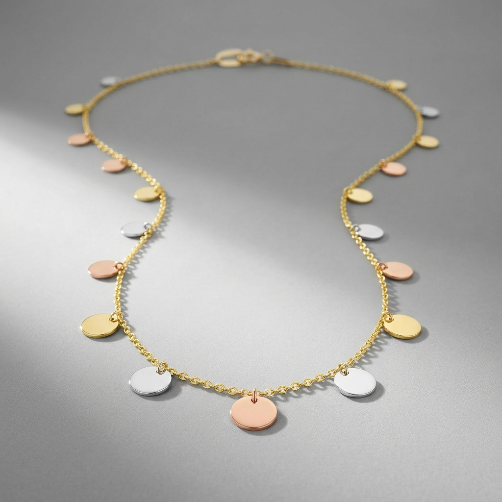 14K Tri Color Necklace with Dangling Circles