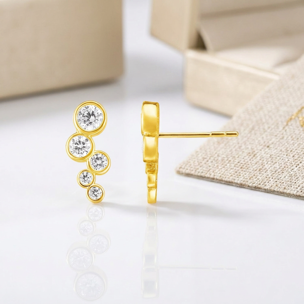 14k Yellow Gold Climber Post Earrings with Circles and Cubic Zirconias
