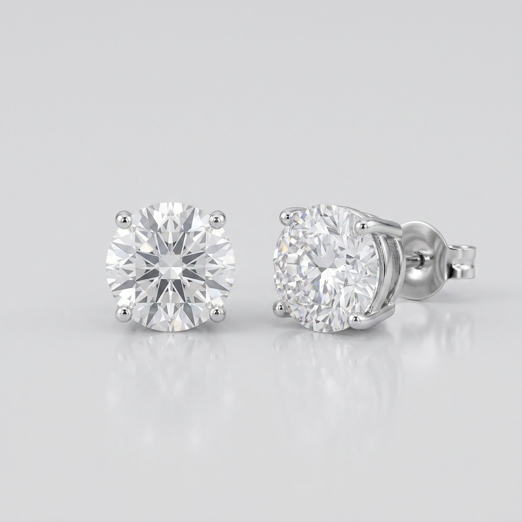 Sterling Silver Stud Earrings with White Hue Faceted Cubic Zirconia