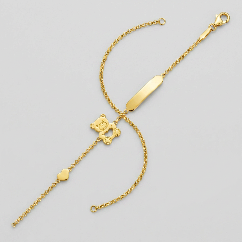 14k Yellow Gold Childrens Bracelet with Teddy Bear Heart and Bar