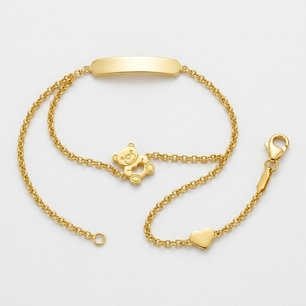 14k Yellow Gold Childrens Bracelet with Teddy Bear Heart and Bar