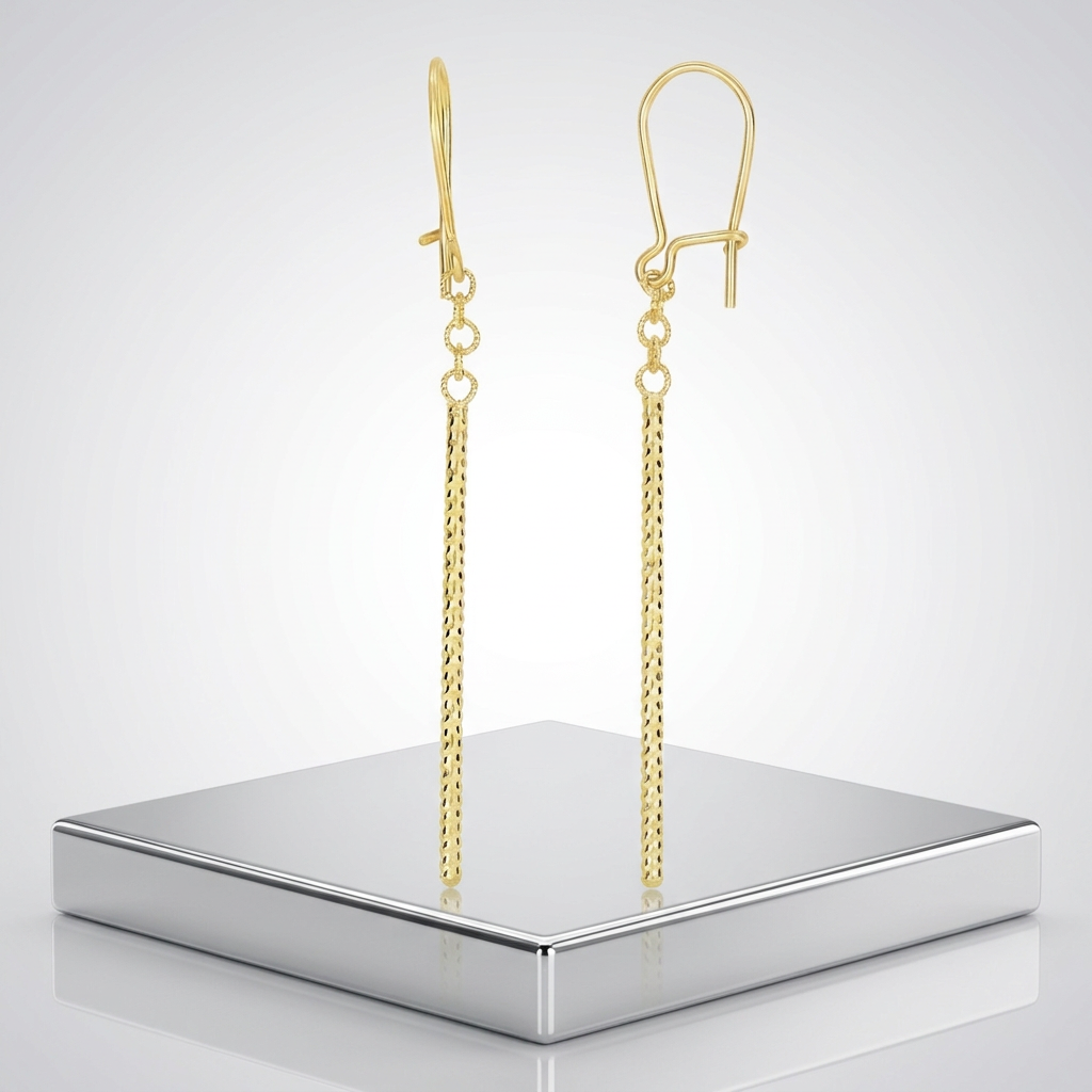 14k Yellow Gold Long Bar Diamond Cut Drop Earrings