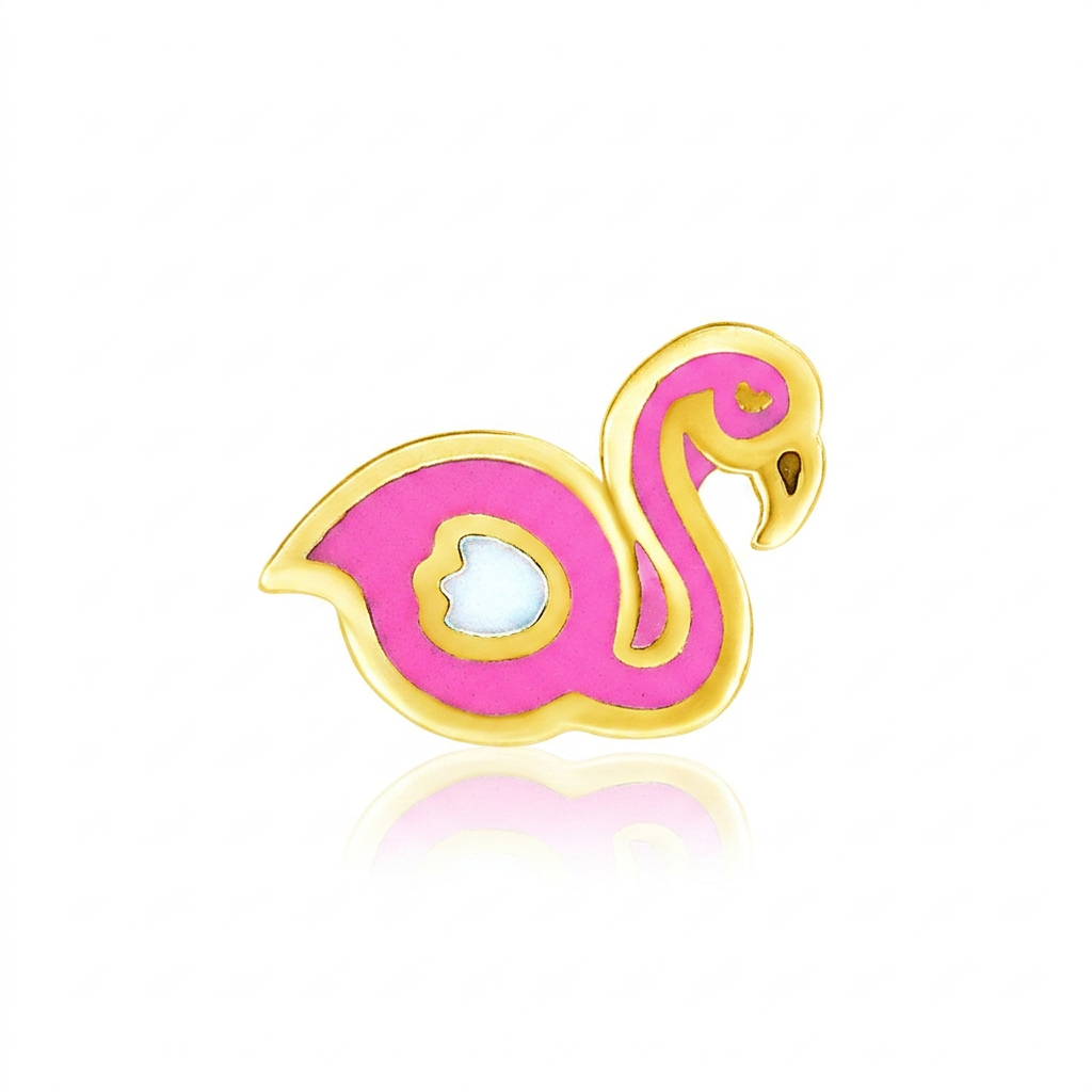 14k Yellow Gold Enameled Flamingo Childrens Earrings