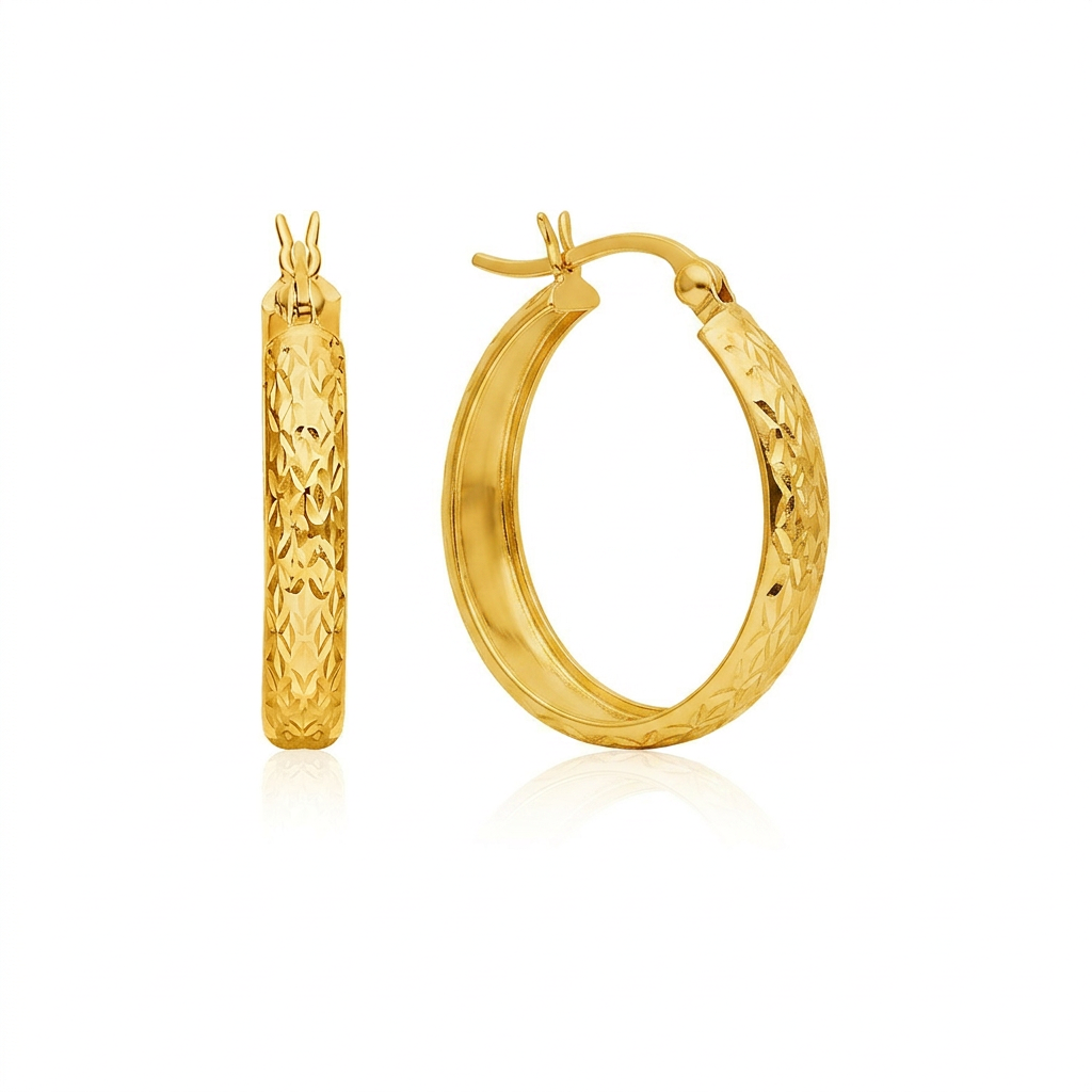 14k Yellow Gold Hammered Oval Hoop Earrings