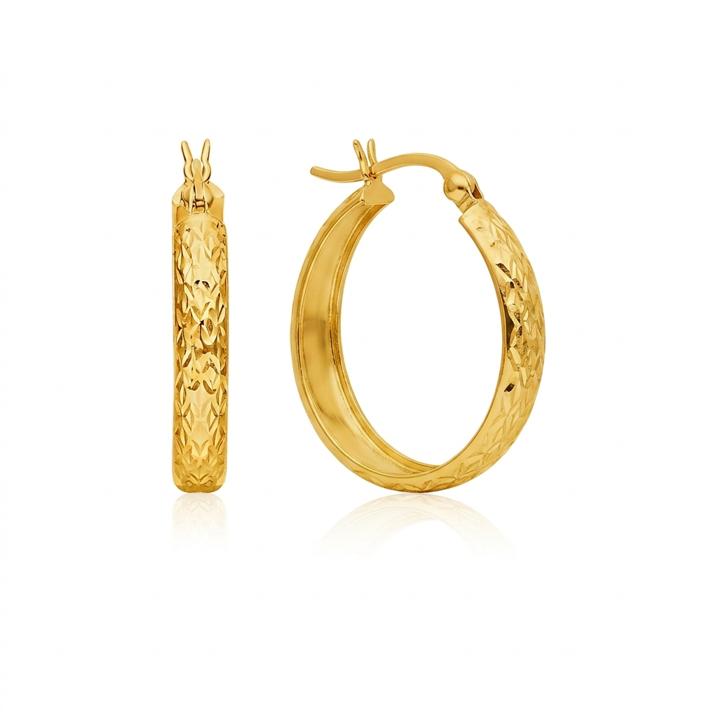 14k Yellow Gold Hammered Oval Hoop Earrings