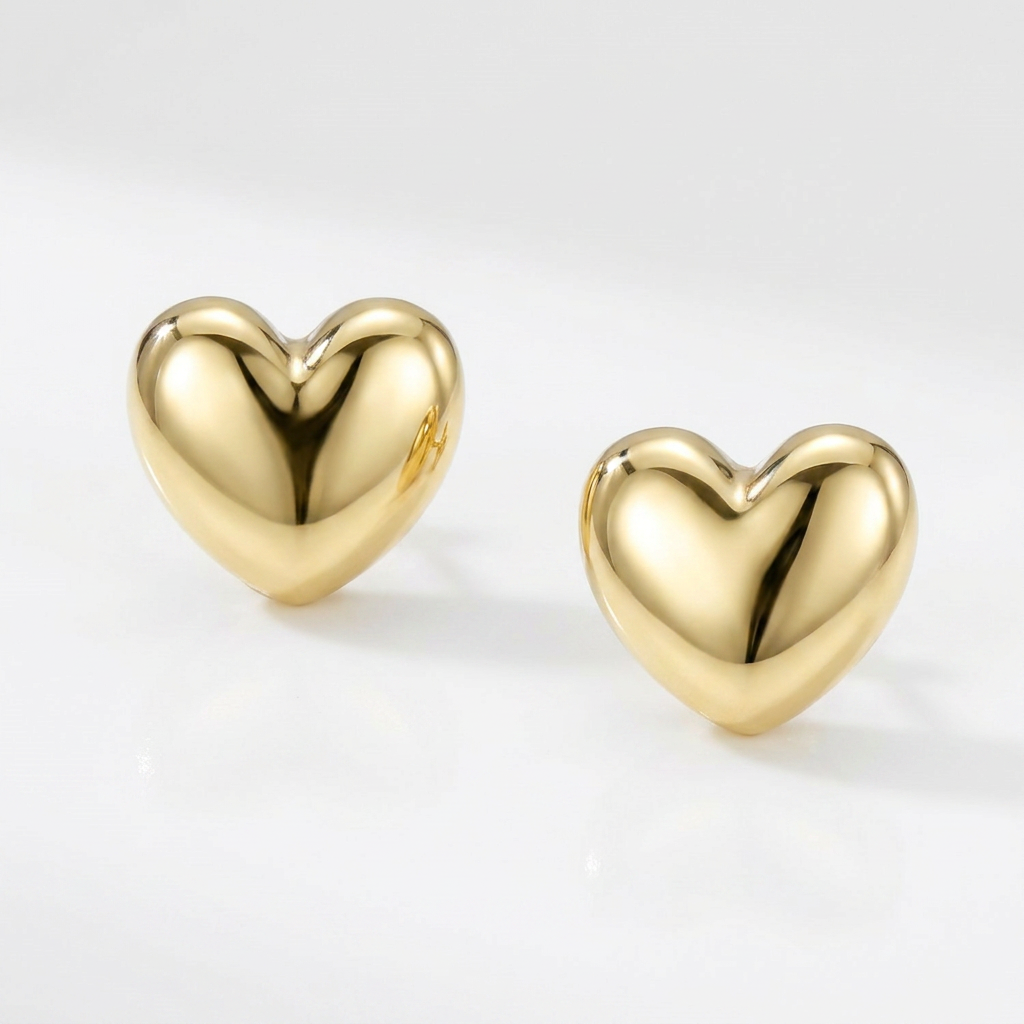 14k Yellow Gold Puffed Heart Shape Shiny Earrings