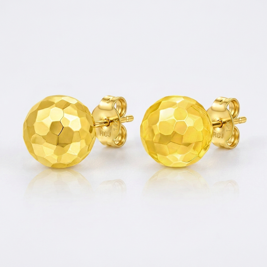 14k Yellow Gold Round Faceted Style Stud Earrings
