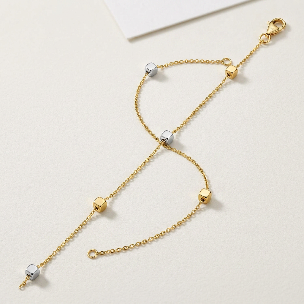 14k Two Tone Gold Bracelet with Polished Cubes
