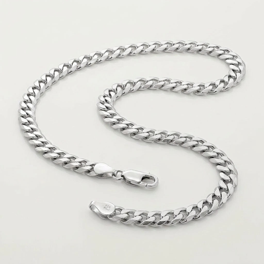 Rhodium Plated 5.6mm Sterling Silver Curb Style Chain