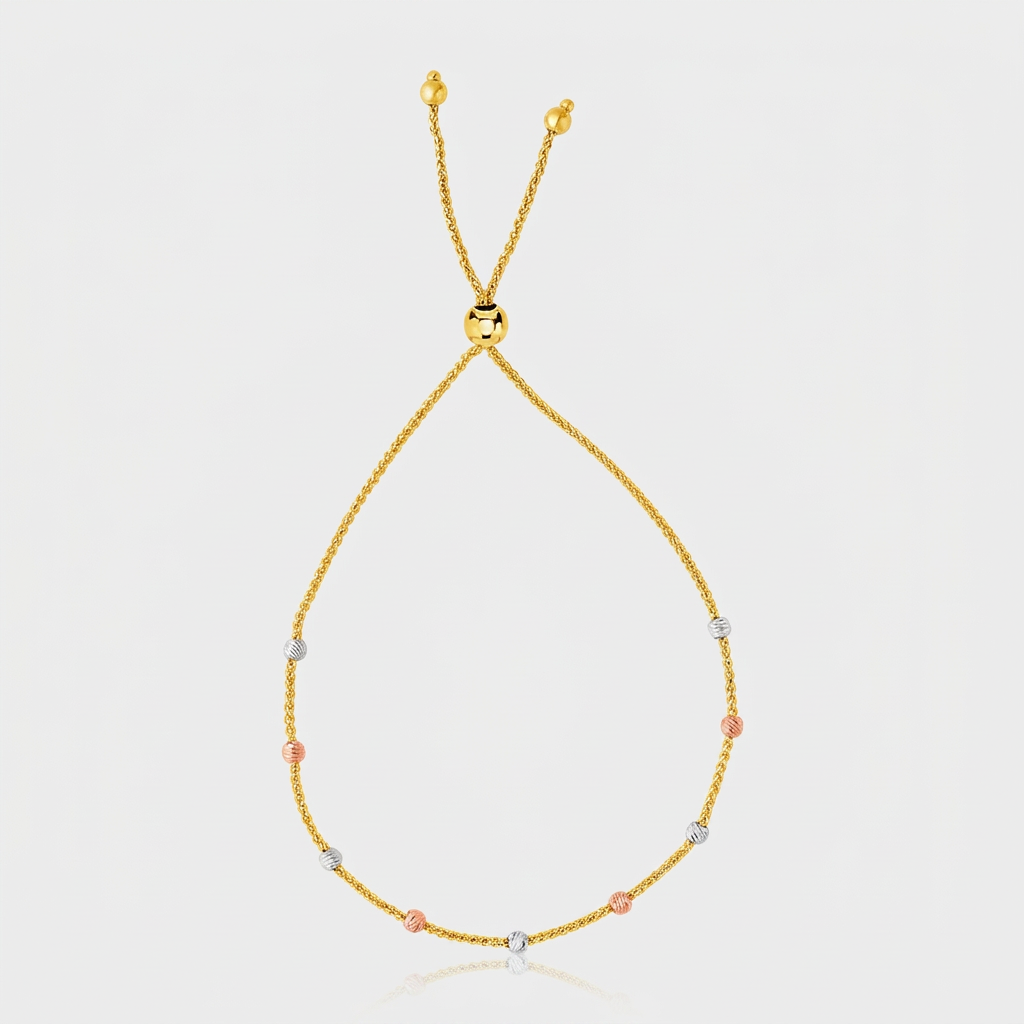 14k Tri-Color Gold Textured Bead Station Lariat Bracelet