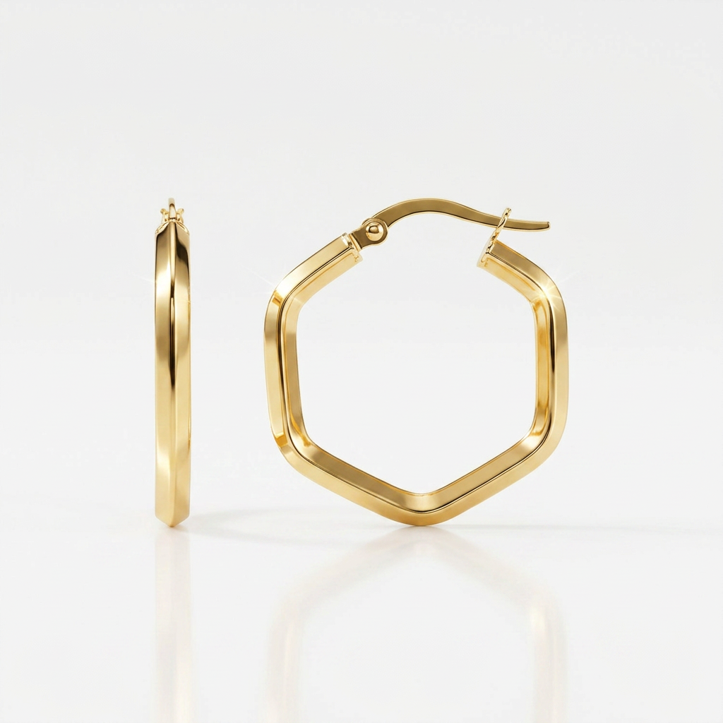 14k Yellow Gold Shiny Hexagon Hoop Earrings